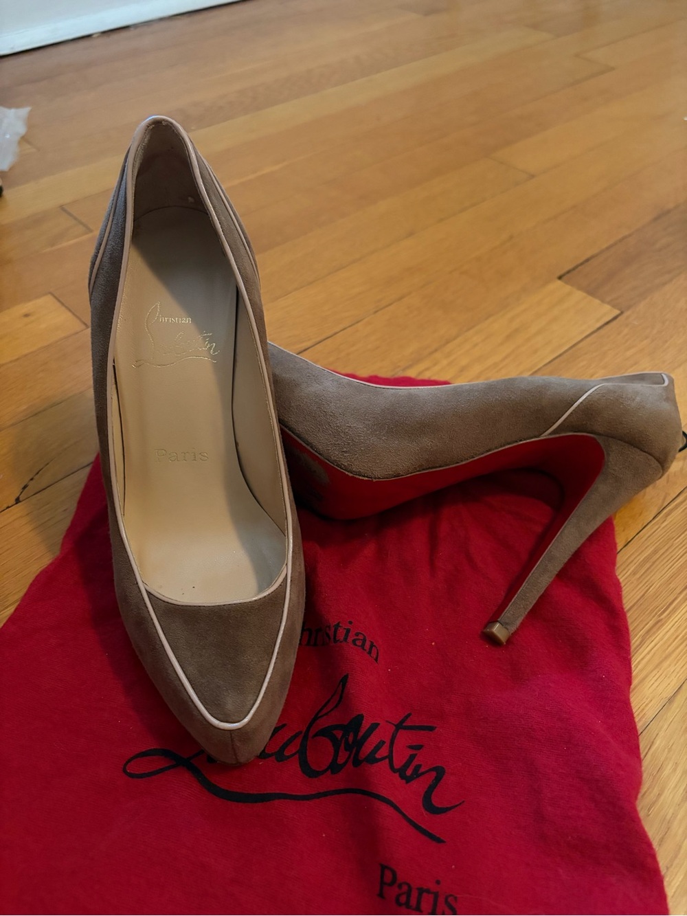 Christian Louboutin Taupe Suede Stiletto Pumps with Nude Piped Trim. Size 38.5